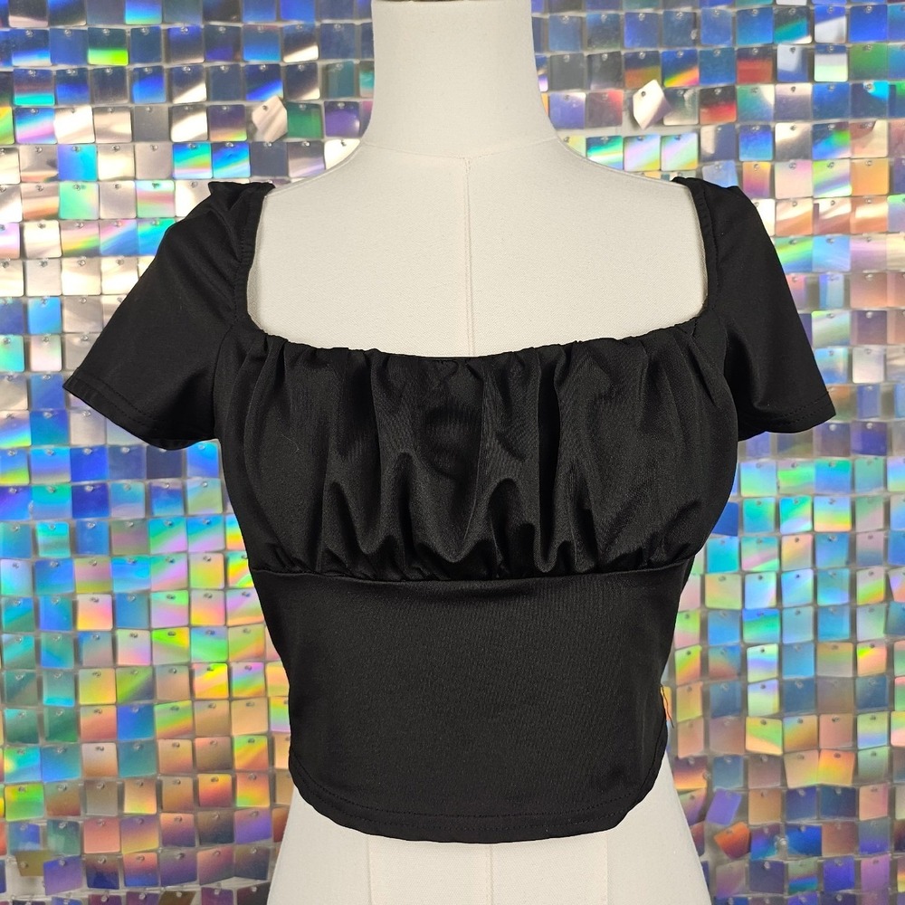 SHEIN Black Square Neck Ruffle Crop Top Short Sleeve
